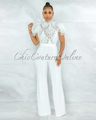Charity Off-White Crochet See-Thru Top Ruffle Sleeves Jumpsuit