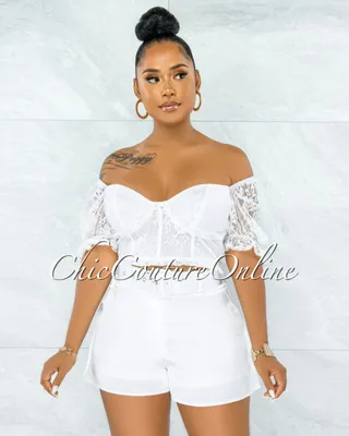Olney White Lace Top & Belted Satin Shorts Set