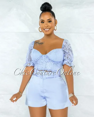 Olney Baby Blue Lace Top & Belted Satin Shorts Set