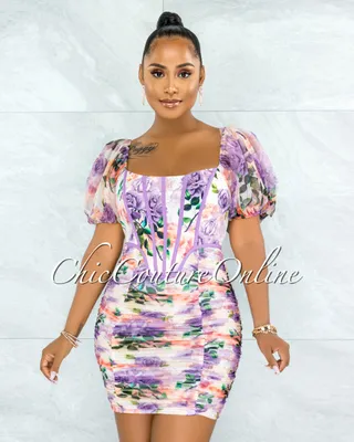 Jorgina Lilac Floral Print Corset Style Ruched Mini Dress