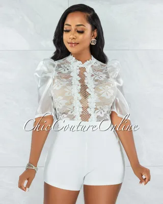Ogenya Off-White Lace Sequins Sheer Top Tulle Sleeves Romper