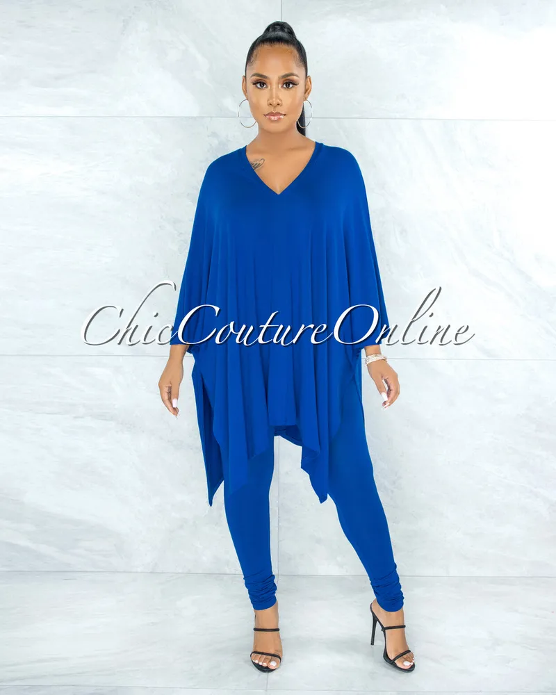 Vendor-unknown Buena Royal Blue Over-sized Tunic Top & Leggings Two Piece  Set