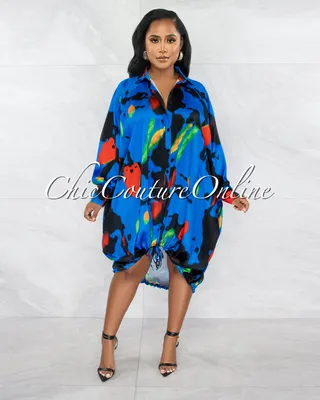 Ikeida Royal Blue Retro Print Drawstring Hem Dress