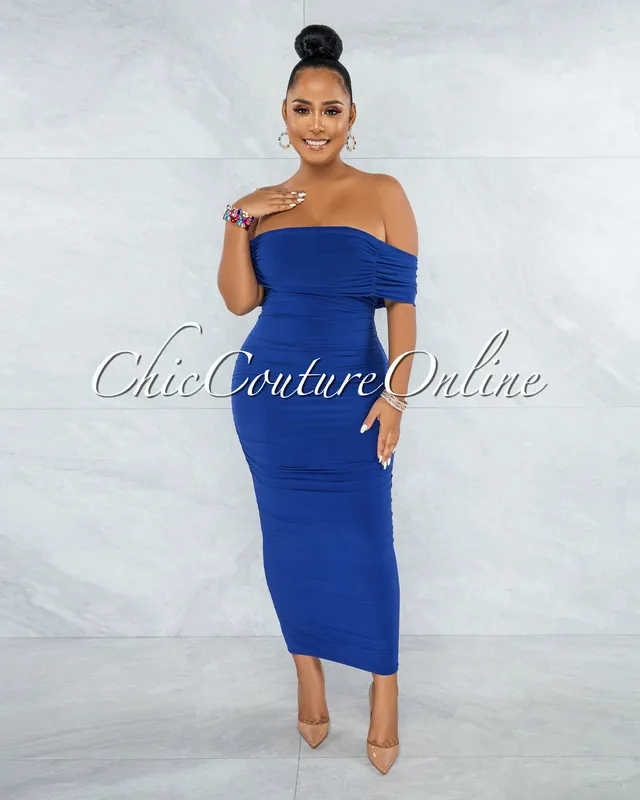 Blue Esme Off Shoulder Ruched Bodycon Dress, SilkFred US