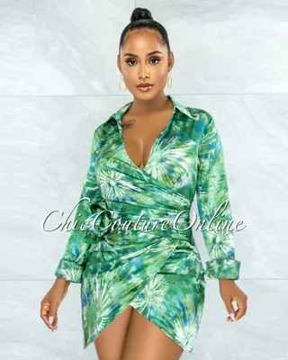 Maze Green White Print Wrap Side Tie Satin Dress