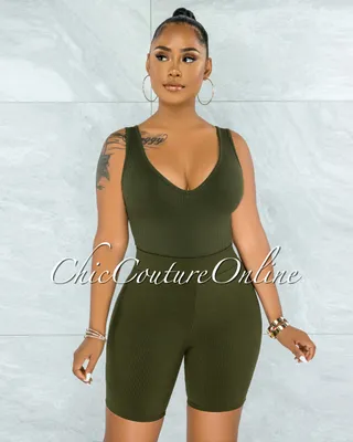 Rella Olive Green Ribbed Bodysuit & Shorts Set