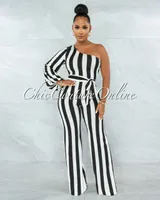 Humberta Black White Stripes Single Shoulder Jumpsuit