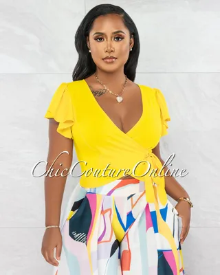 Tenia Yellow Waist Tie Ruffle Sleeves Crop Top