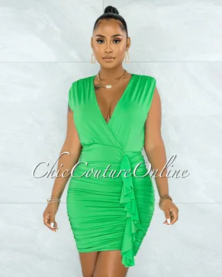 Gyula Kelly Green Ruched Sides Ruffle Dress