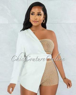 Cowrie White Nude Mesh Rhinestones Blazer & Shorts Three Piece Set