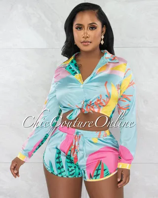 Zamilla Multi-Color Print Silky Crop Shirt & Mini Shorts Set