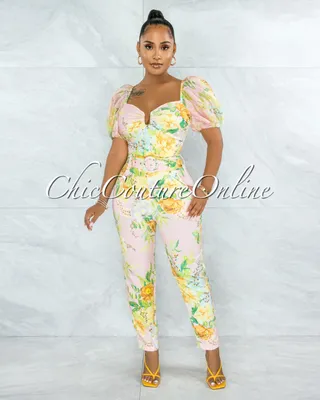 Marketa Pink Floral Print Crop  Top & Belt Pants Set