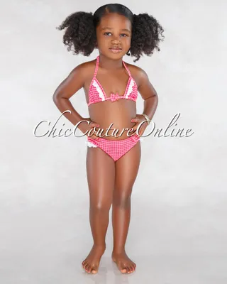 Queenie Red Gingham Lace Details Two Piece Kids Swimsuit