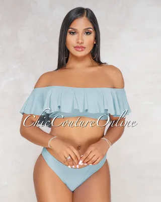 Amara Baby Blue Off The Shoulder Ruffle Top & Bikini Set