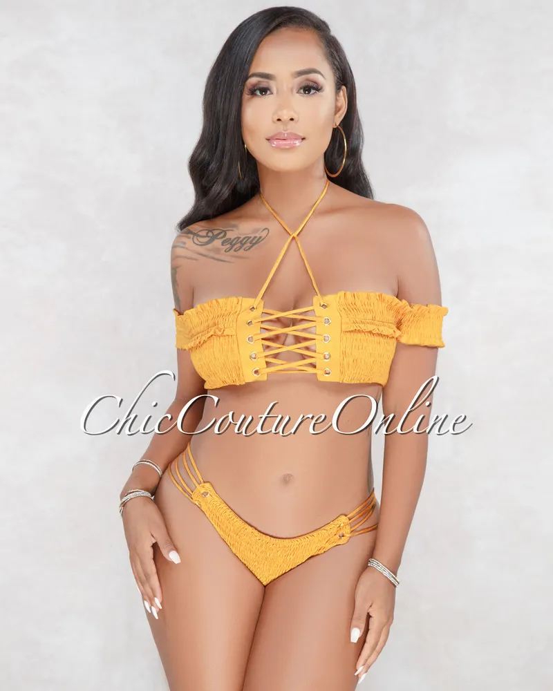 Lisa Mustard Yellow Smocked Bikini Set