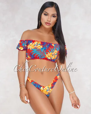 Zane Red Multi Color Floral Print Two Piece Swimsuit