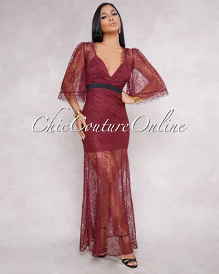 Rebeca Burgundy Lace Overlay Bell Sleeves Dress