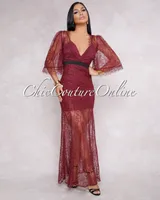 Rebeca Burgundy Lace Overlay Bell Sleeves Dress