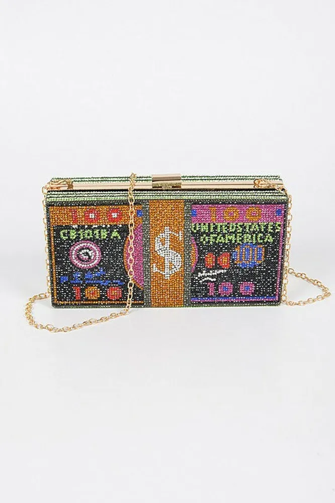 CashMoney Black Accent Rhinestones Clutch Bag