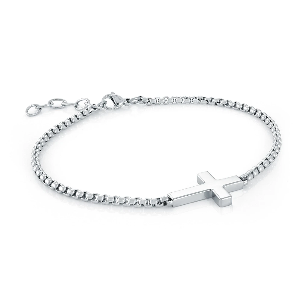 Sideways Cross Round Box Steel Bracelet