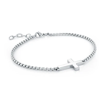 Sideways Cross Round Box Steel Bracelet