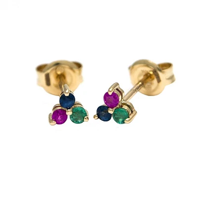Trio Mixed Gem Yellow Gold Stud Earrings