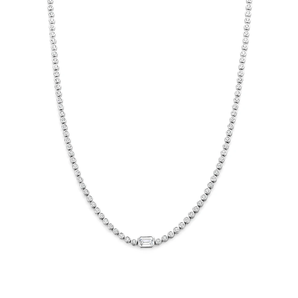 Round Bezel Clear Emerald Tennis Necklace