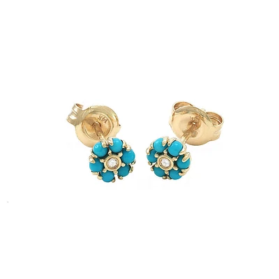 Flower Diamond and Turquoise Stud Earrings