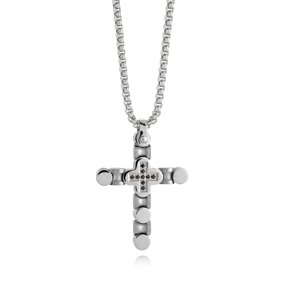 Brushed/Polished Black CZ Cross Necklace