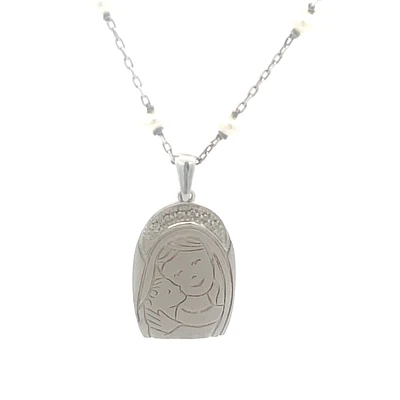 Virgin And Child Embrace Pearl and Diamond Arch Necklace