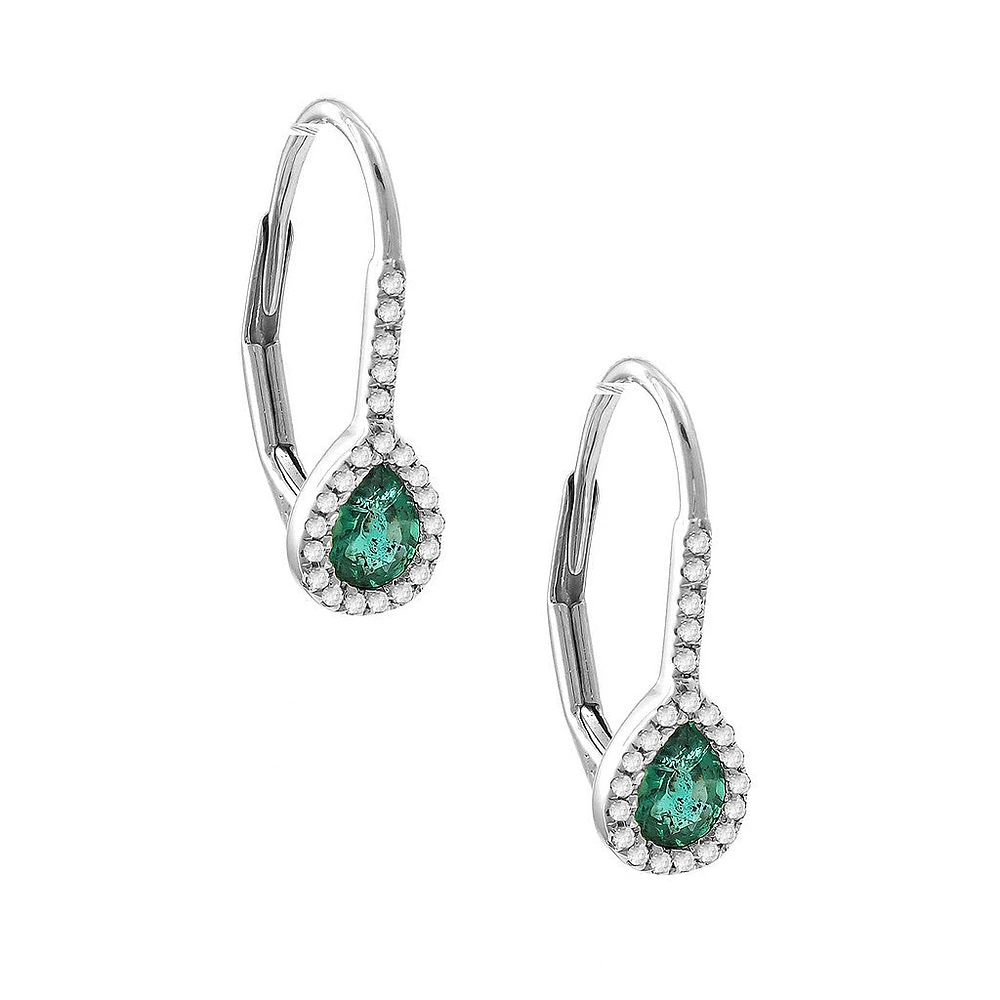 Pear Cut Emerald and Diamond White Gold Earrings