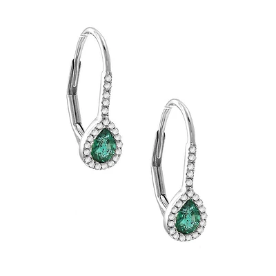 Pear Cut Emerald and Diamond White Gold Earrings
