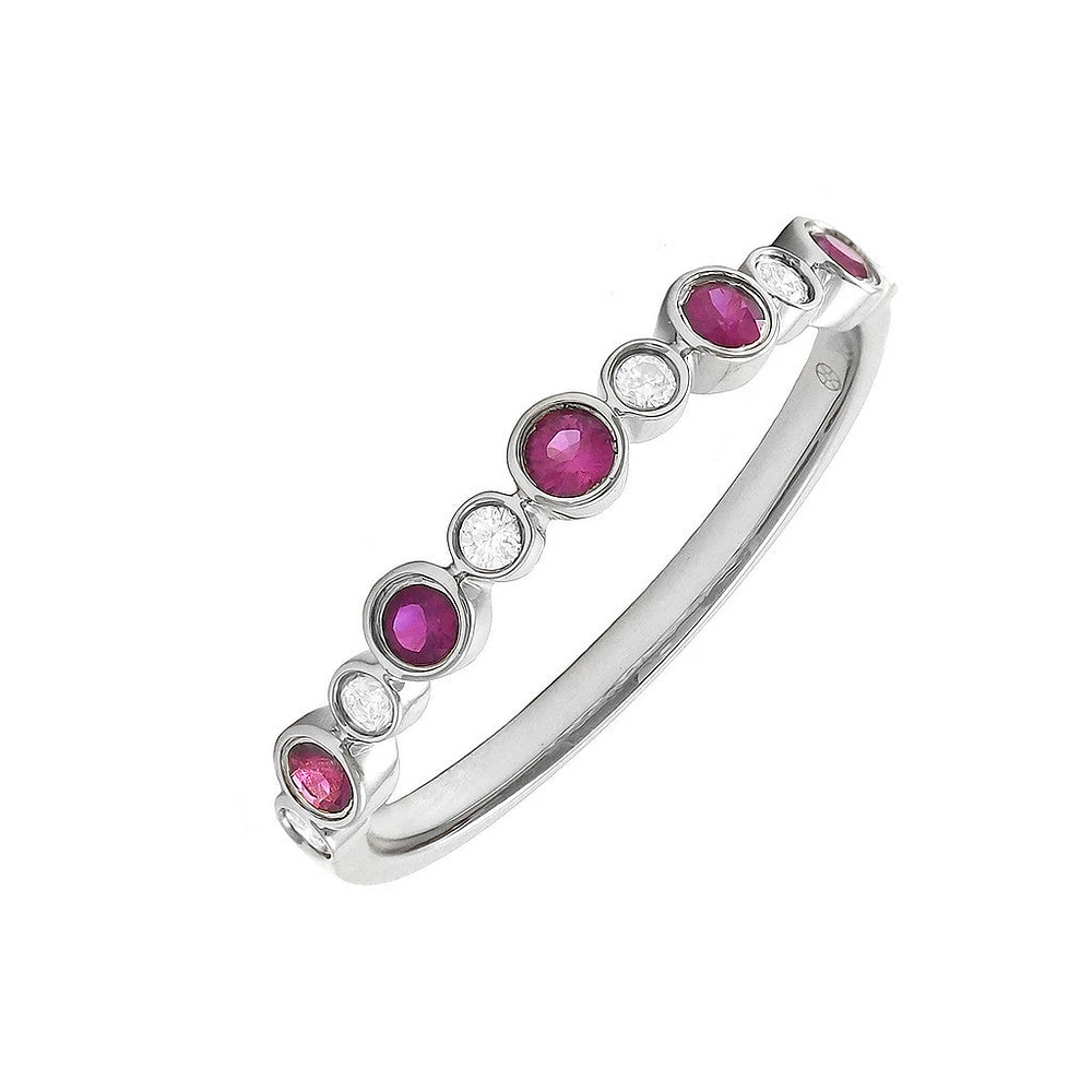 Bezel Set Diamonds and Rubies Ring 14KW