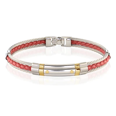 Red Leather Cable Steel Bracelet