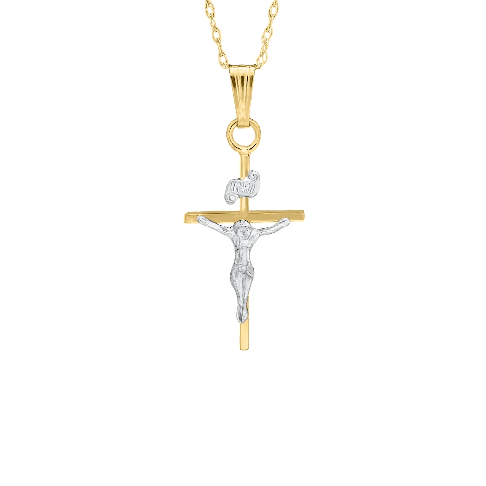 17MM Solid Gold Crucifix Two Tone Kids Necklace