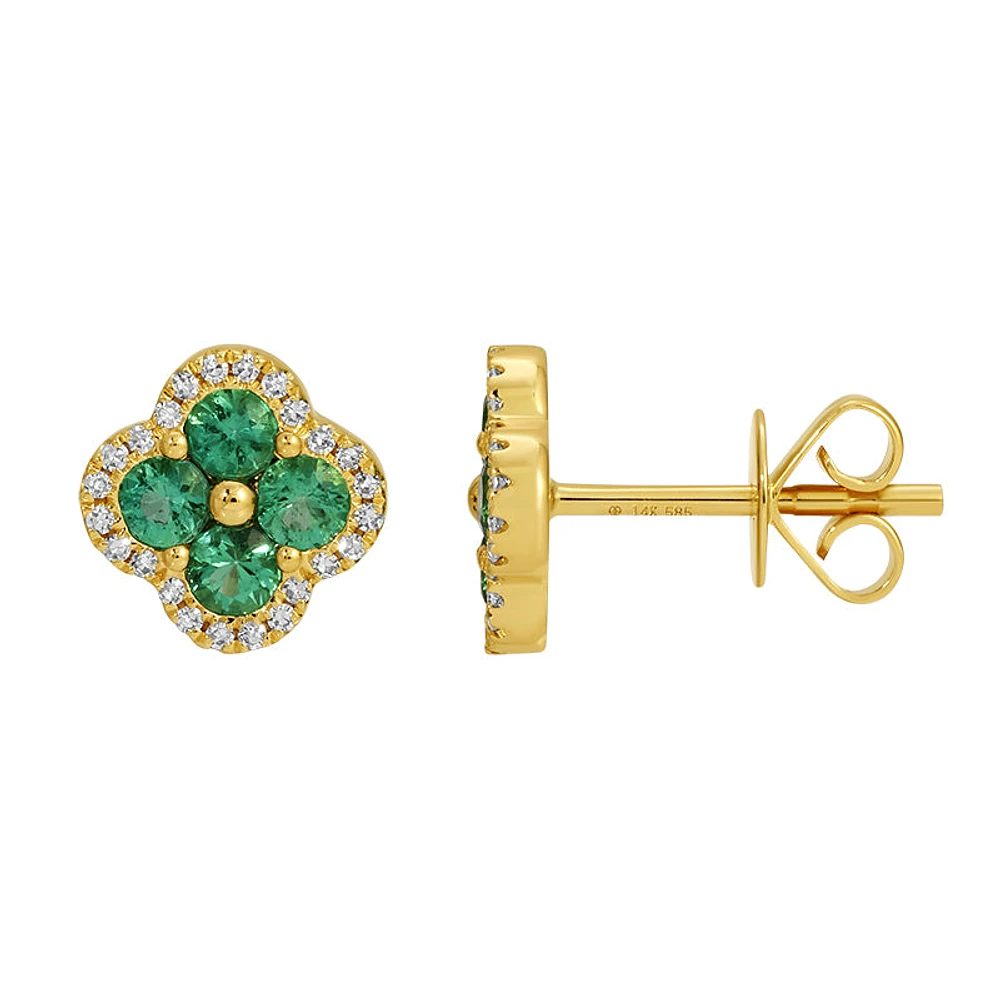 Emerald and Diamond Clover Stud Earrings