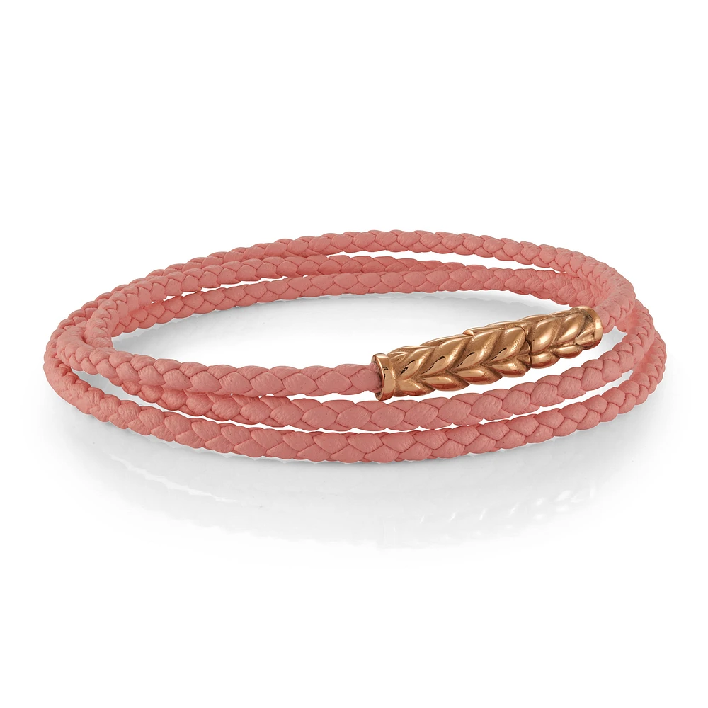 Pink Leather Rose Gold Steel Wrap Bracelet