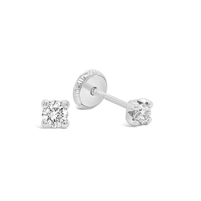 Round Zirconia 3MM Four Prong Set Stud Earrings 14KW