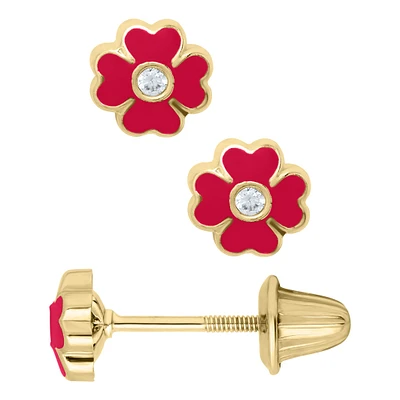 Red Flower Zirconia Kids Stud Earrings