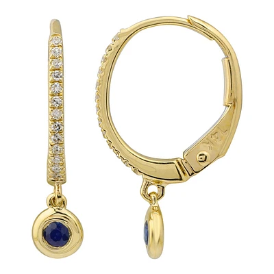Diamond and Blue Sapphire Dangles 12MM Huggie Earrings