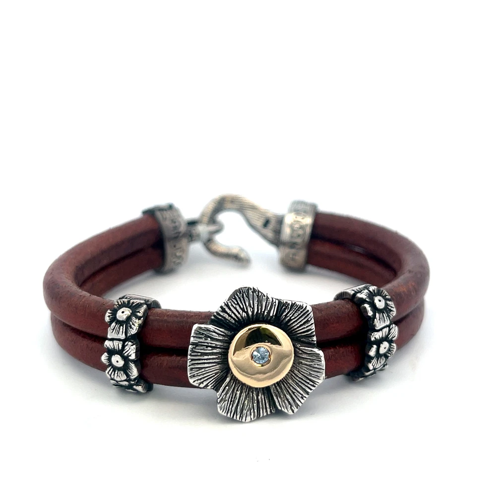 Blue Flower Brown Leather Bracelet