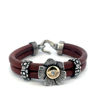 Blue Flower Brown Leather Bracelet