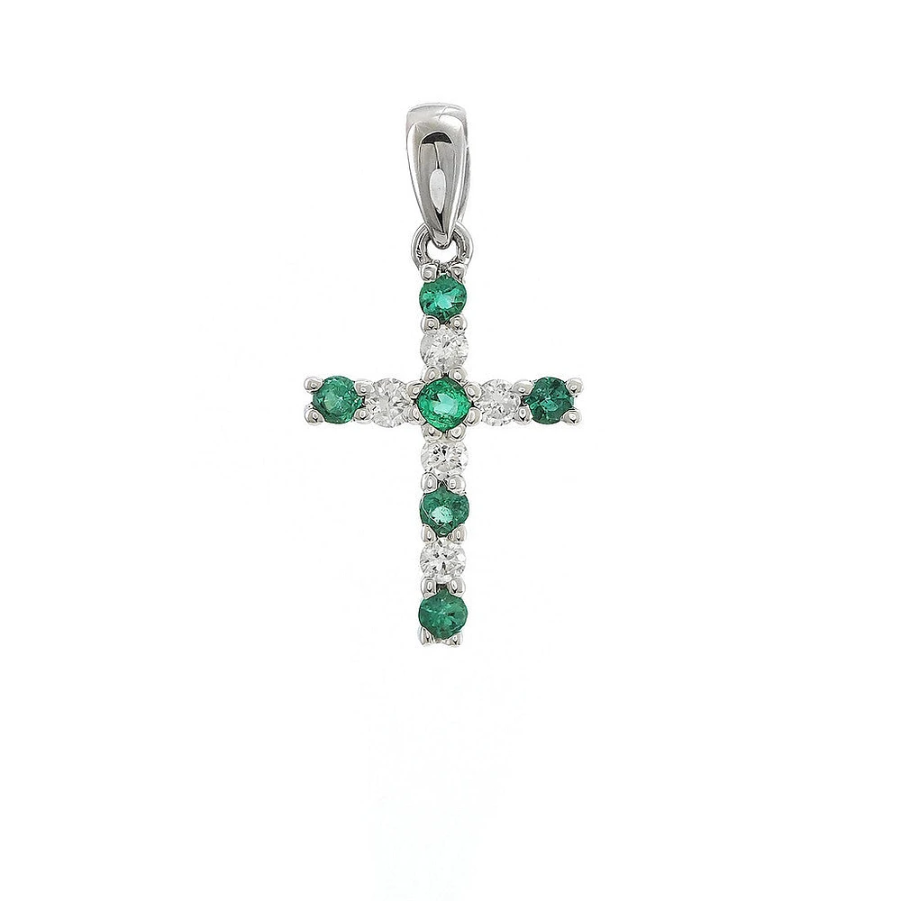Emerald and Diamonds Cross Pendant 14KW