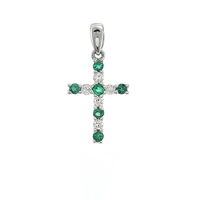 Emerald and Diamonds Cross Pendant 14KW
