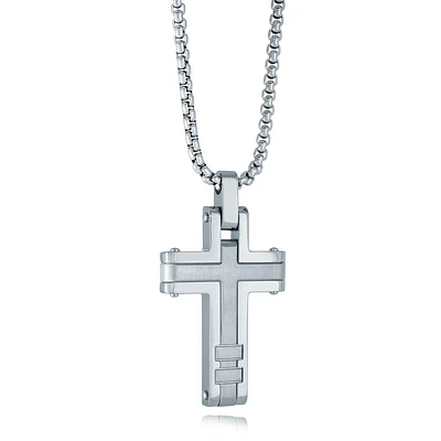 Middle Brushed Cross Steel Necklace