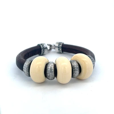 White Stones Brown Leather Bracelet