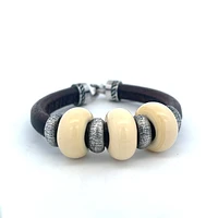 White Stones Brown Leather Bracelet