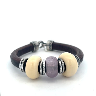 Amethyst and Brown Leather Bracelet