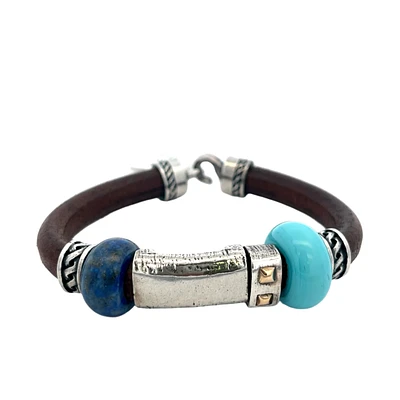 Turquoise, Lapis and Brown Leather Bracelet