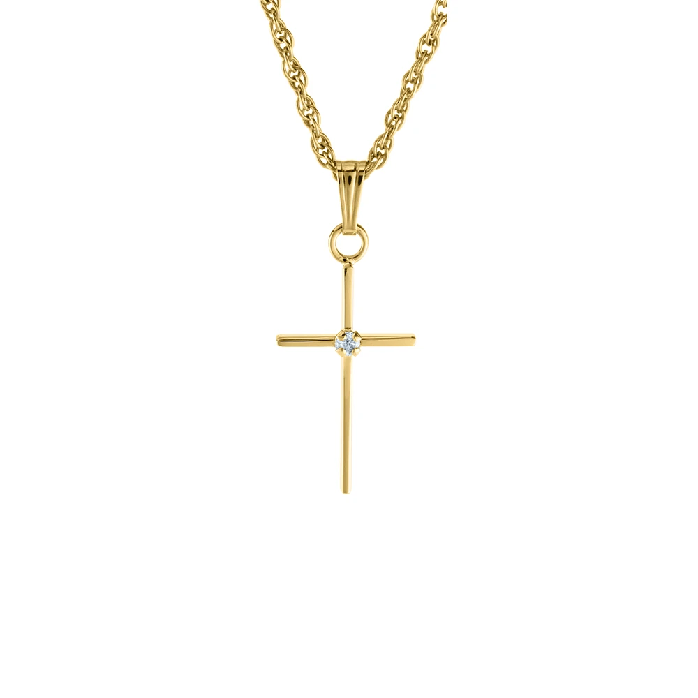 17MM Solid Gold Cross Diamond Kids Necklace
